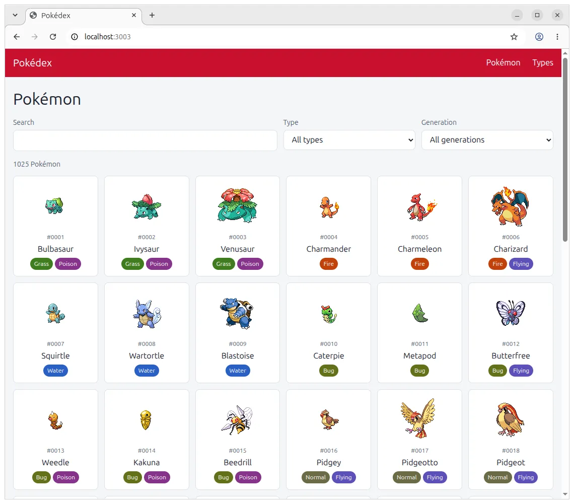 Screenshot of a Pokémon web app with various monsters listed, their types, etc.