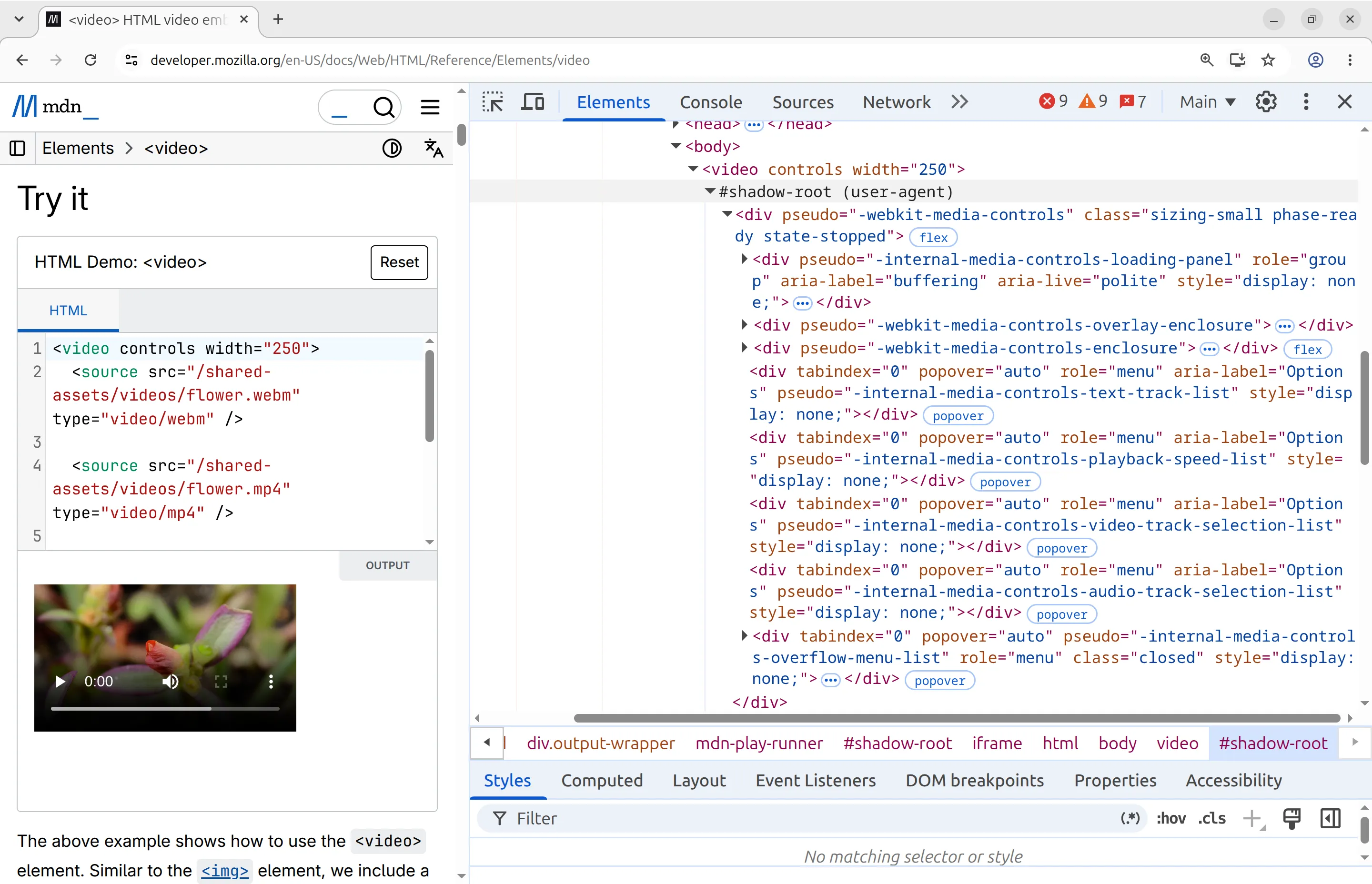 An example of Chromium's DevTools showing a video with controls having a user-agent shadow root. The video is shown on the left and the browser Elements panel in the DevTools on the right, with various elements inside shadow root.